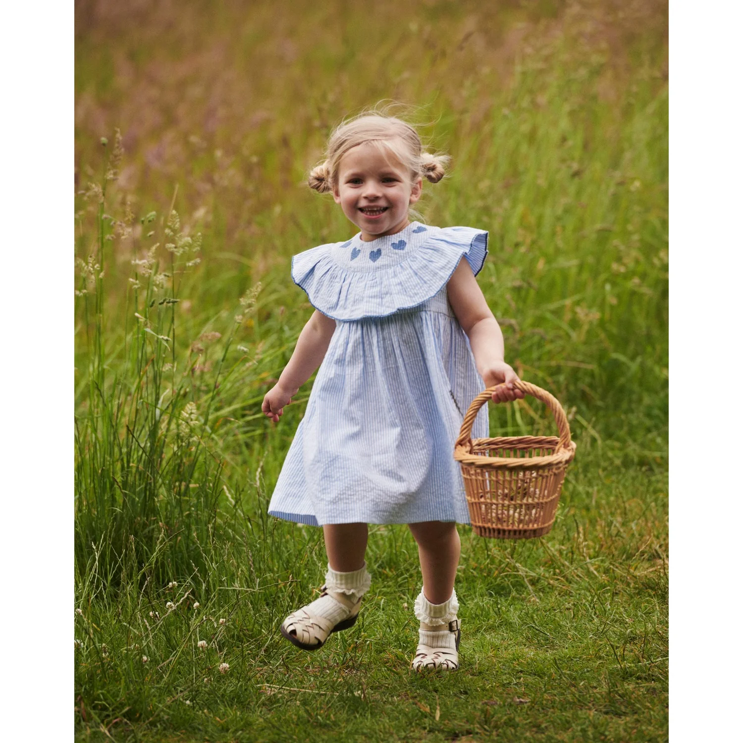 COPENHAGEN COLORS Sky Blue W Cream Stripe W Ocean Blue Seersucker Dress W. Heart - Image 3