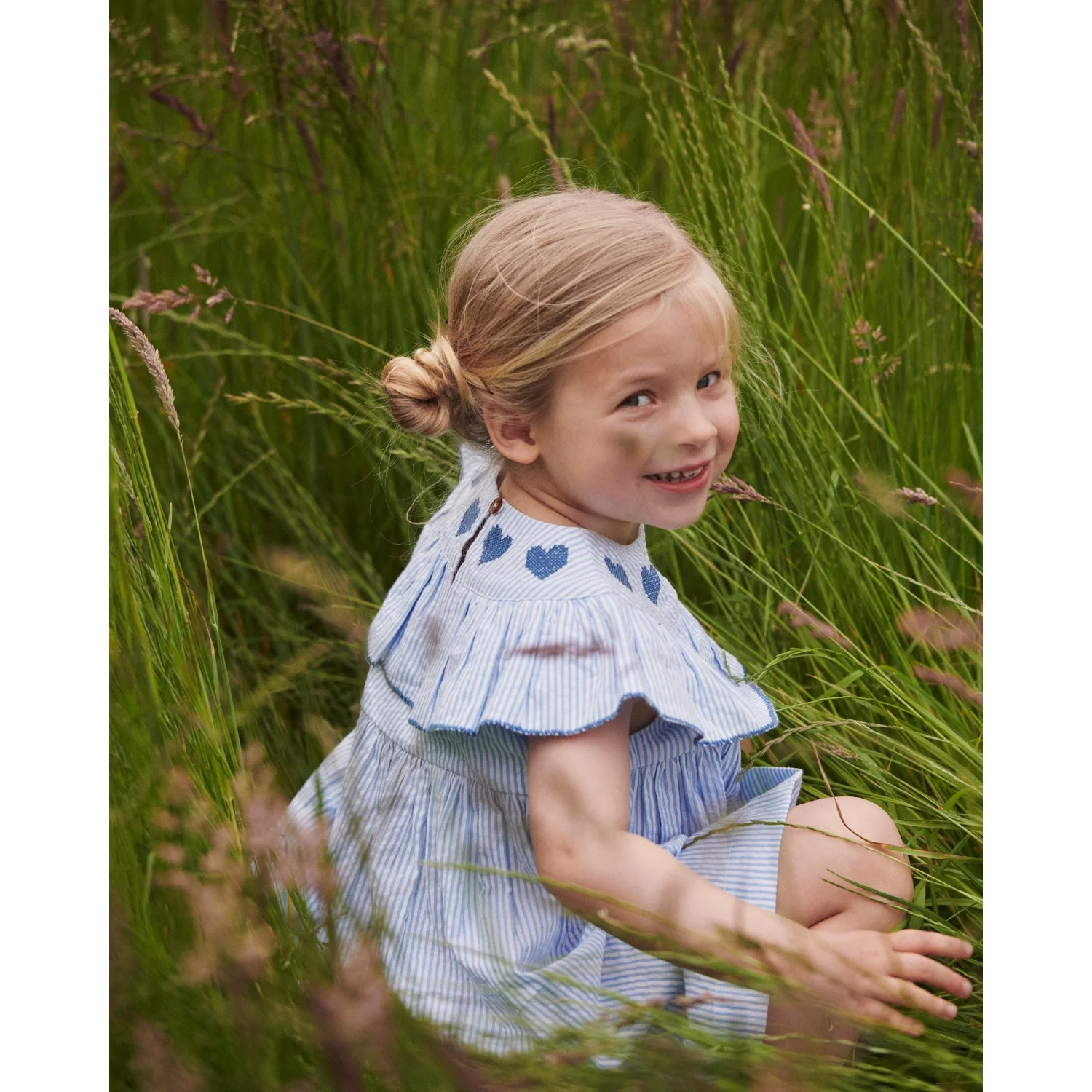 COPENHAGEN COLORS Sky Blue W Cream Stripe W Ocean Blue Seersucker Dress W. Heart - Image 4