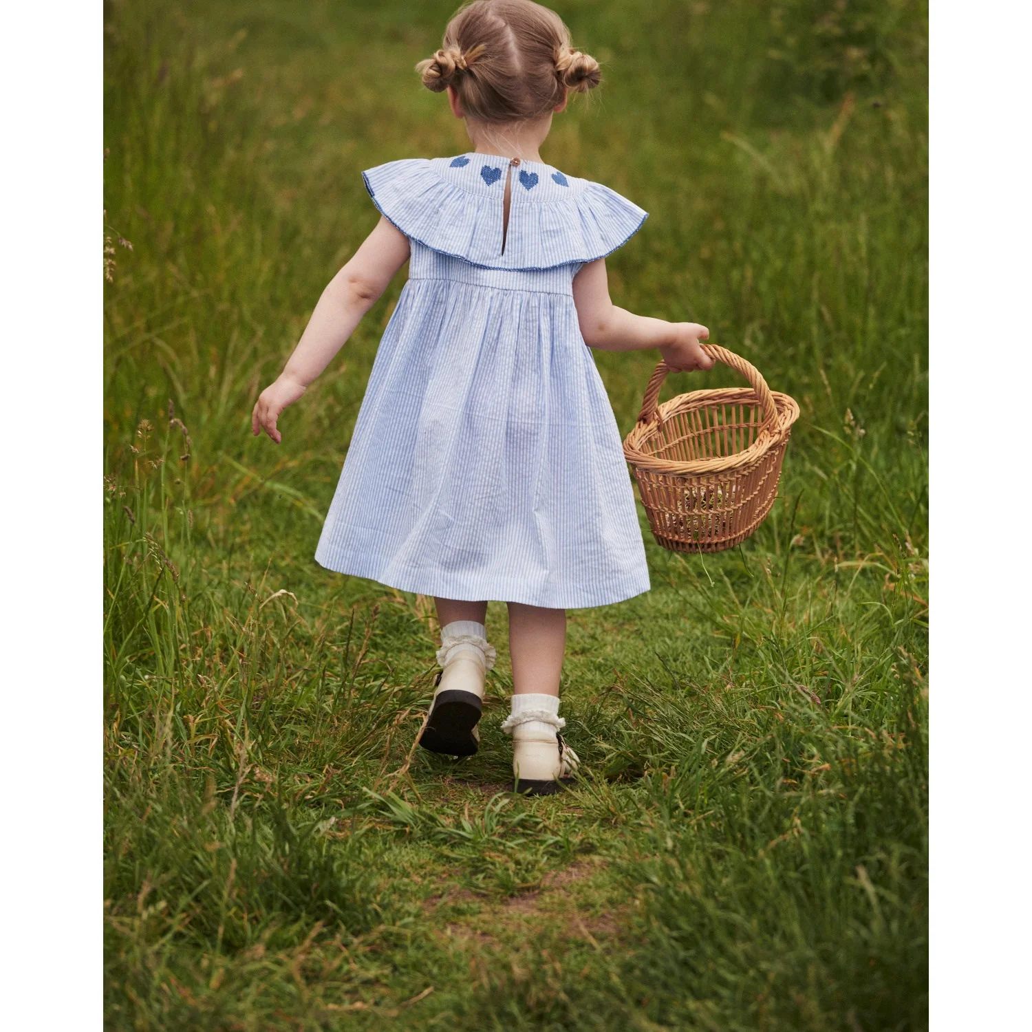 COPENHAGEN COLORS Sky Blue W Cream Stripe W Ocean Blue Seersucker Dress W. Heart - Image 5