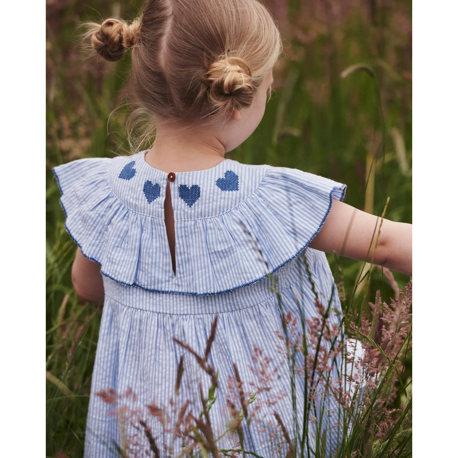 COPENHAGEN COLORS Sky Blue W Cream Stripe W Ocean Blue Seersucker Dress W. Heart - Image 6