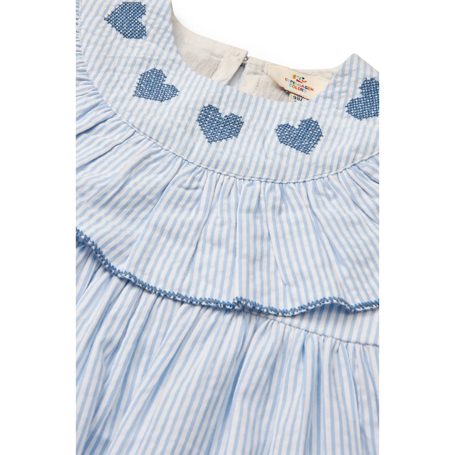 COPENHAGEN COLORS Sky Blue W Cream Stripe W Ocean Blue Seersucker Dress W. Heart - Image 7
