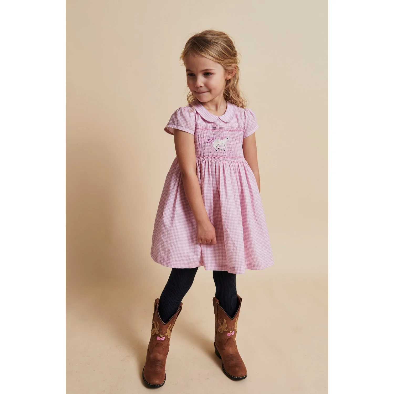 COPENHAGEN COLORS Syringa Comb. Houndstooth Dress W. Handmade Unicorn Embroidery And Smock - Image 2