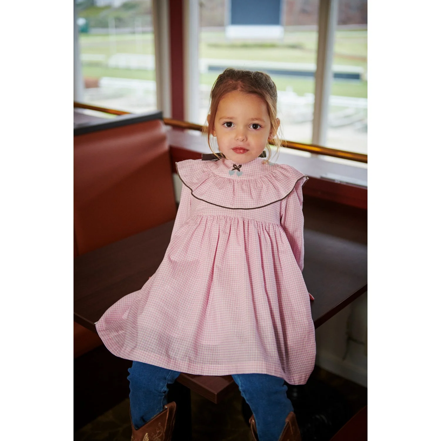 COPENHAGEN COLORS Syringa Comb. Houndstooth Frill Dress W. Embroidery - Image 4