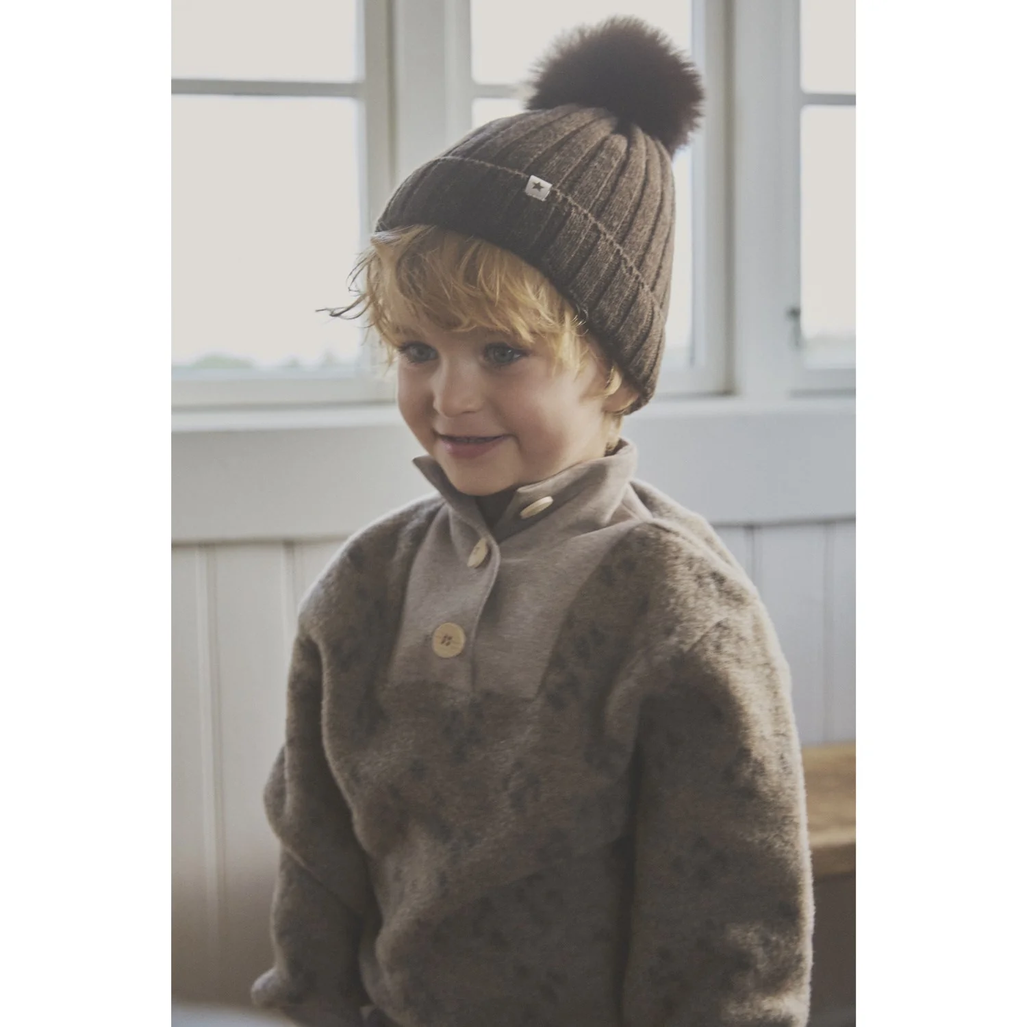 Huttelihut Dark Brown Melange Hat Knit Alpaca Pompom - Image 2