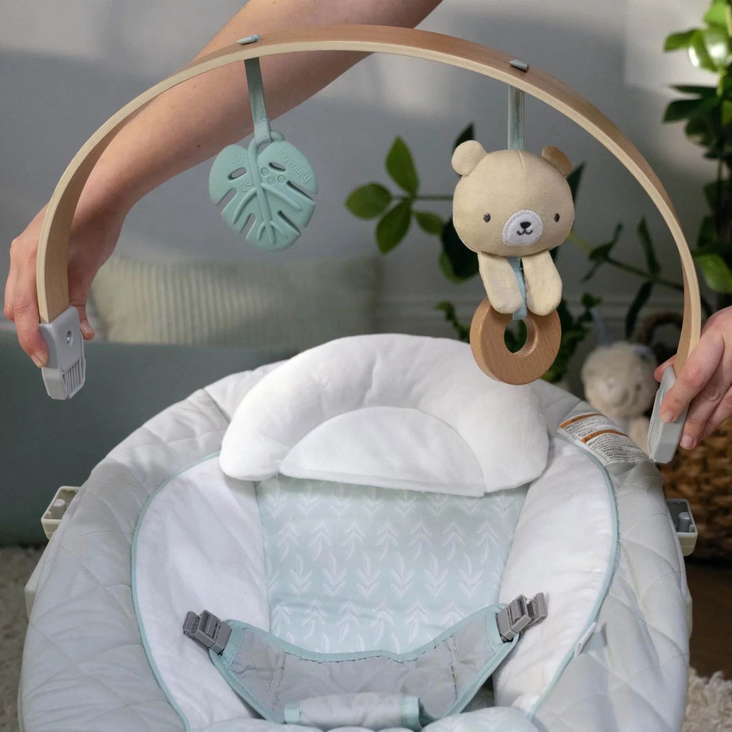Ingenuity Grey Cosy Spot Baby Bouncer With Activity Arch In Wood - Image 3