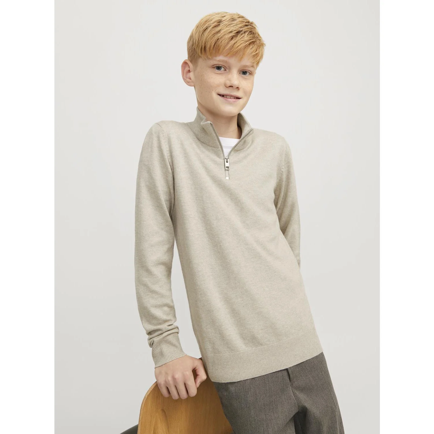 Jack & Jones Junior Oatmeal Melange Jjeemil Knit Half Zip Noos Jnr - Image 4