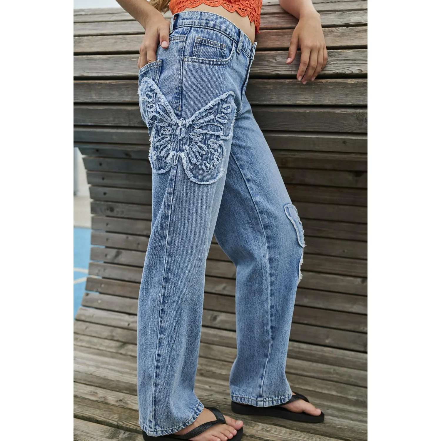 kids ONLY Light Blue Denim Butterflies Jenna Butterfly Wide Jeans Denim - Image 2