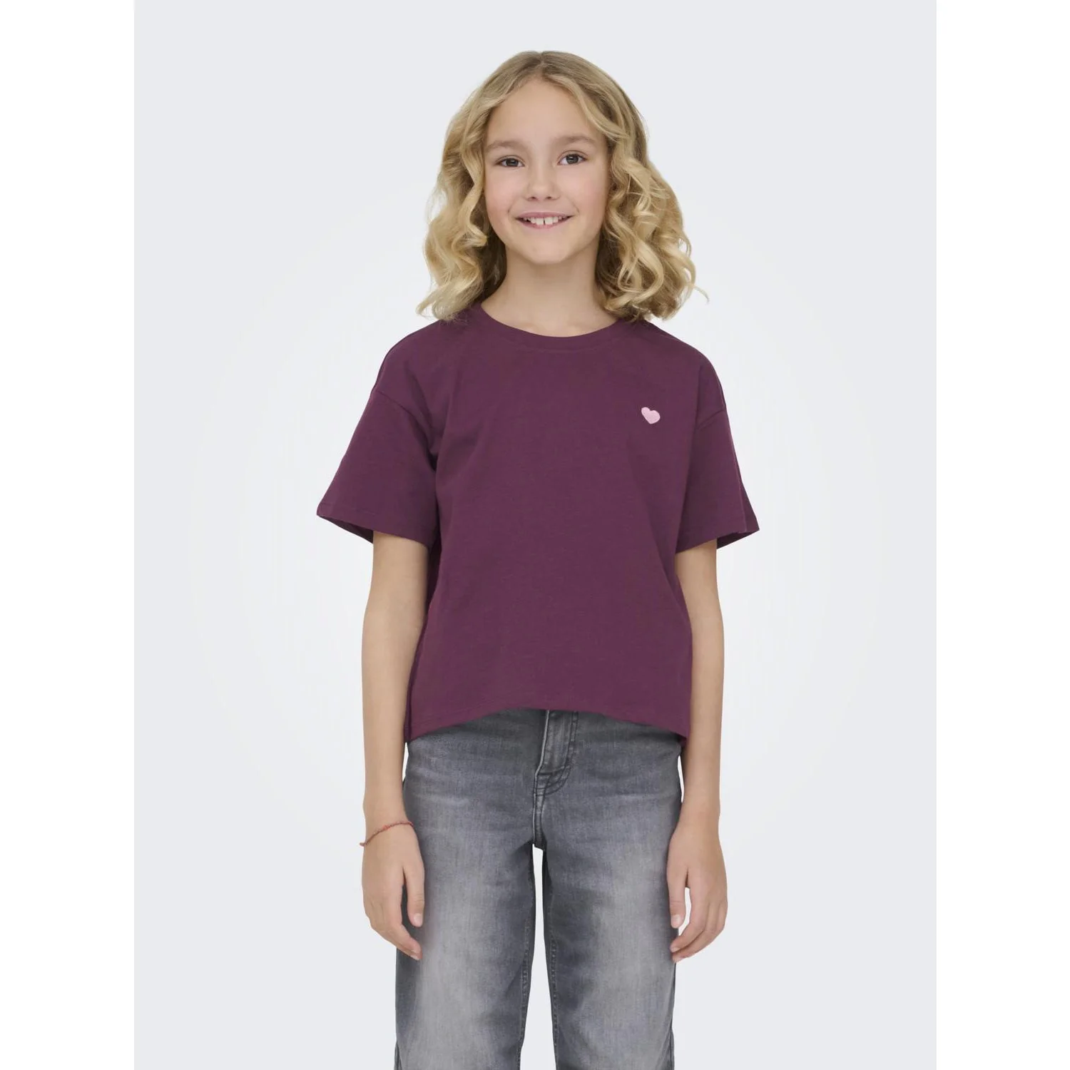 kids ONLY Mauve Wine Heart Emb/Sea Pink Kogmaiken Life Cropheart Ss Top Jrs Noos - Image 2