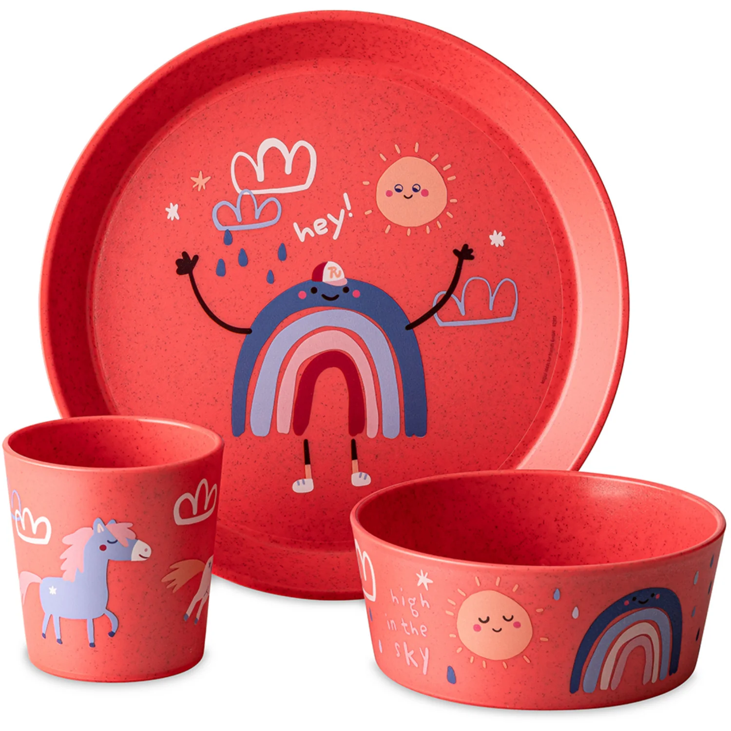 Koziol Organic Coral Red Small Plate + Bowl + Cup Connect Dreams