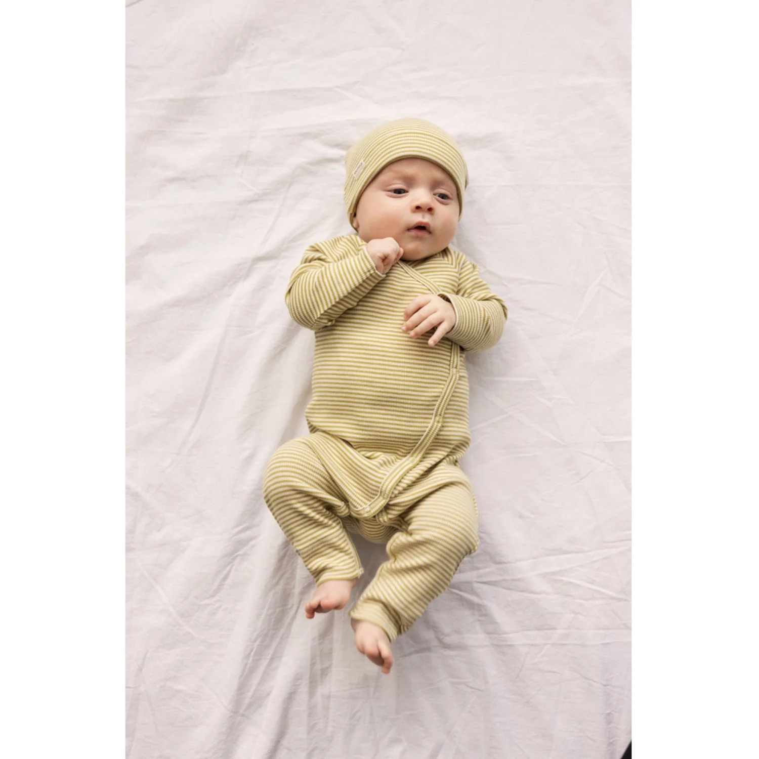 MarMar Newborn Modal Fine Rib Olive Stripe Aiko Hat - Image 2