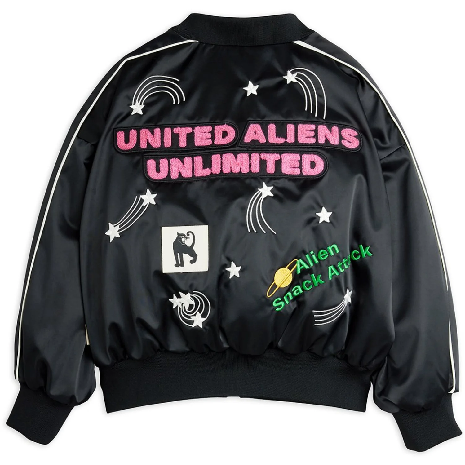 Mini Rodini Black United Aliens Unlimited Satin Baseball Jacket - Image 6
