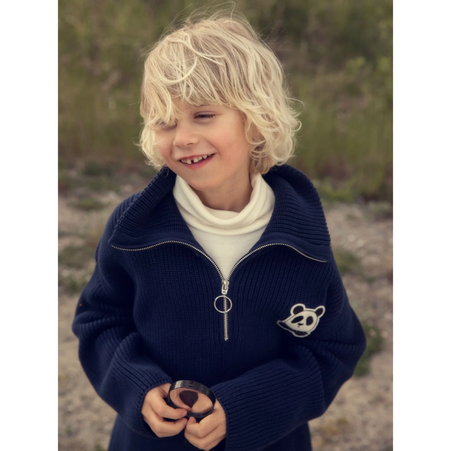 Mini Rodini Blue Panda Patch Chunky Knit Half Zip Sweater - Image 2