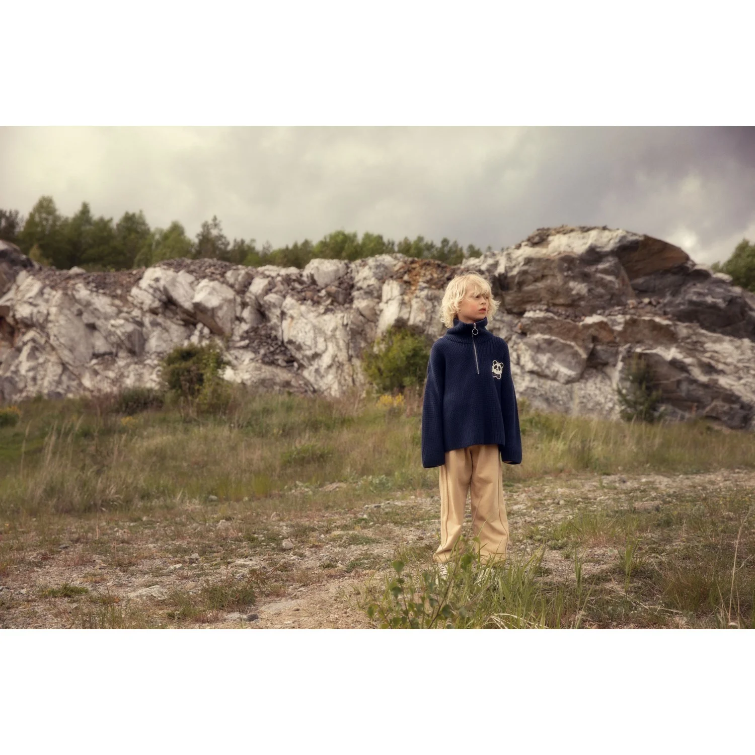 Mini Rodini Blue Panda Patch Chunky Knit Half Zip Sweater - Image 3
