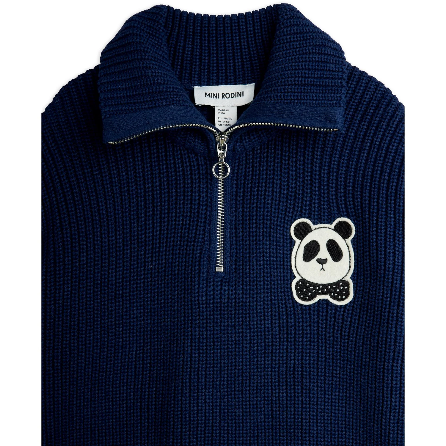 Mini Rodini Blue Panda Patch Chunky Knit Half Zip Sweater - Image 4