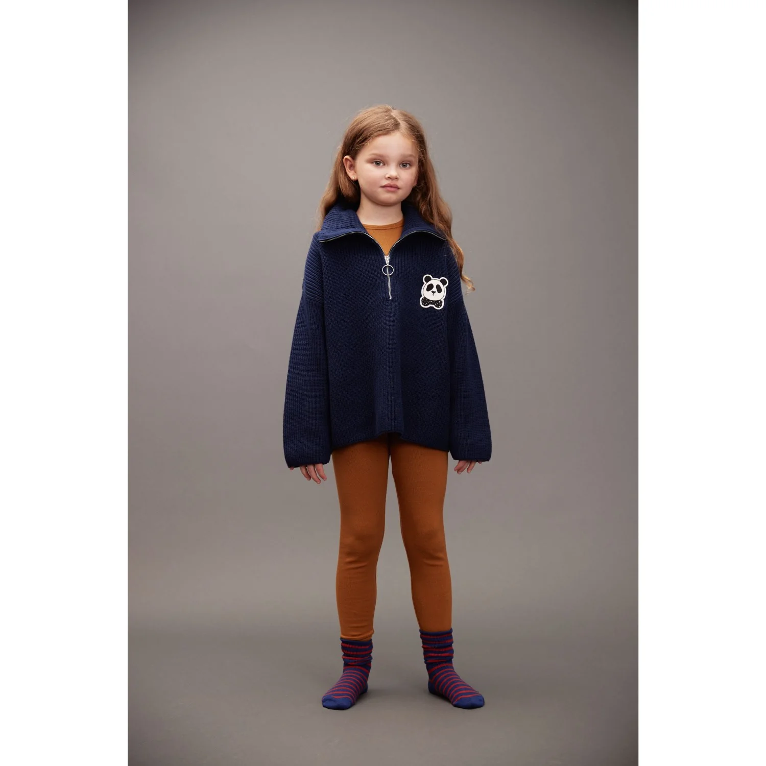 Mini Rodini Blue Panda Patch Chunky Knit Half Zip Sweater - Image 9