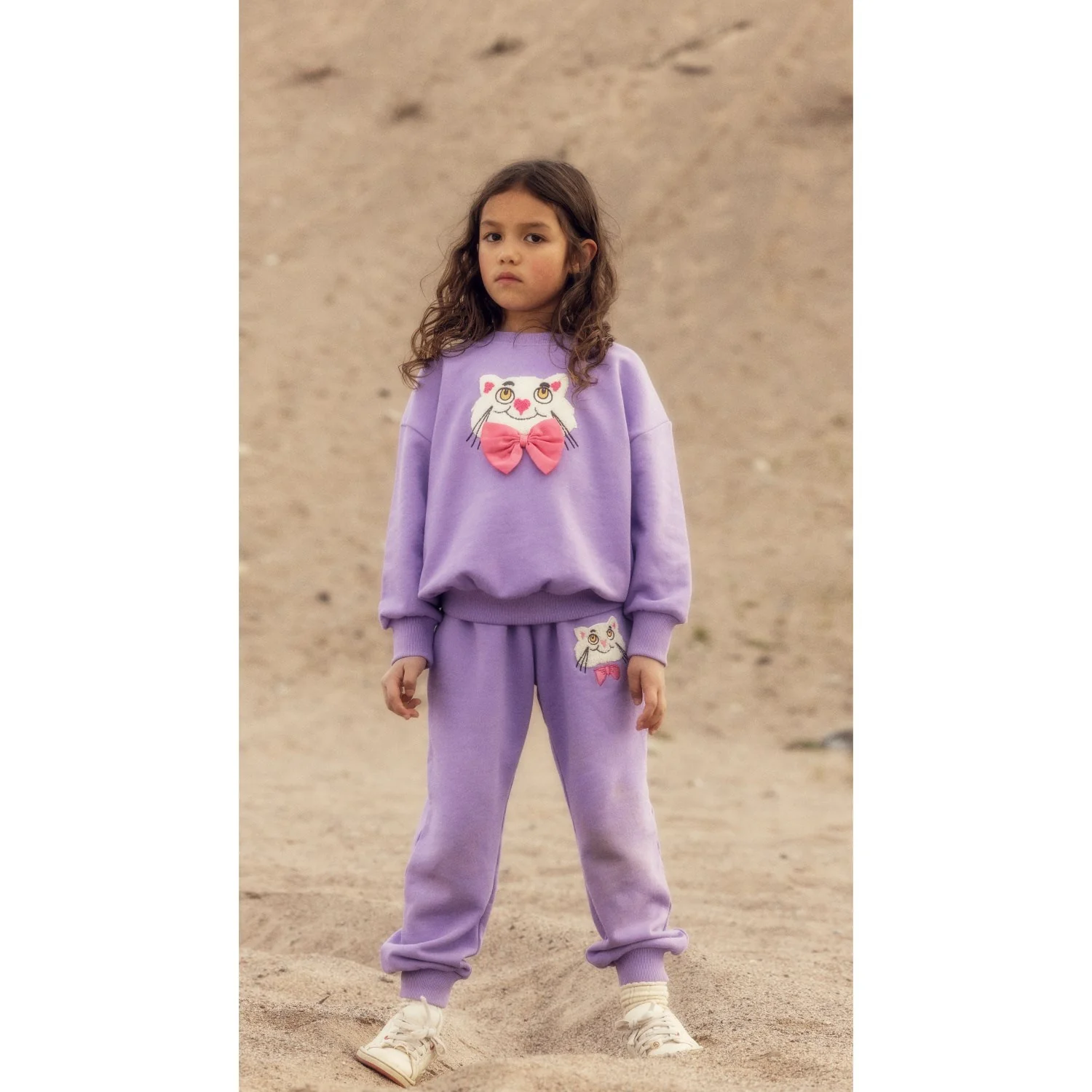 Mini Rodini Purple Cat With Bowtie Chenille Sweatshirt - Image 2