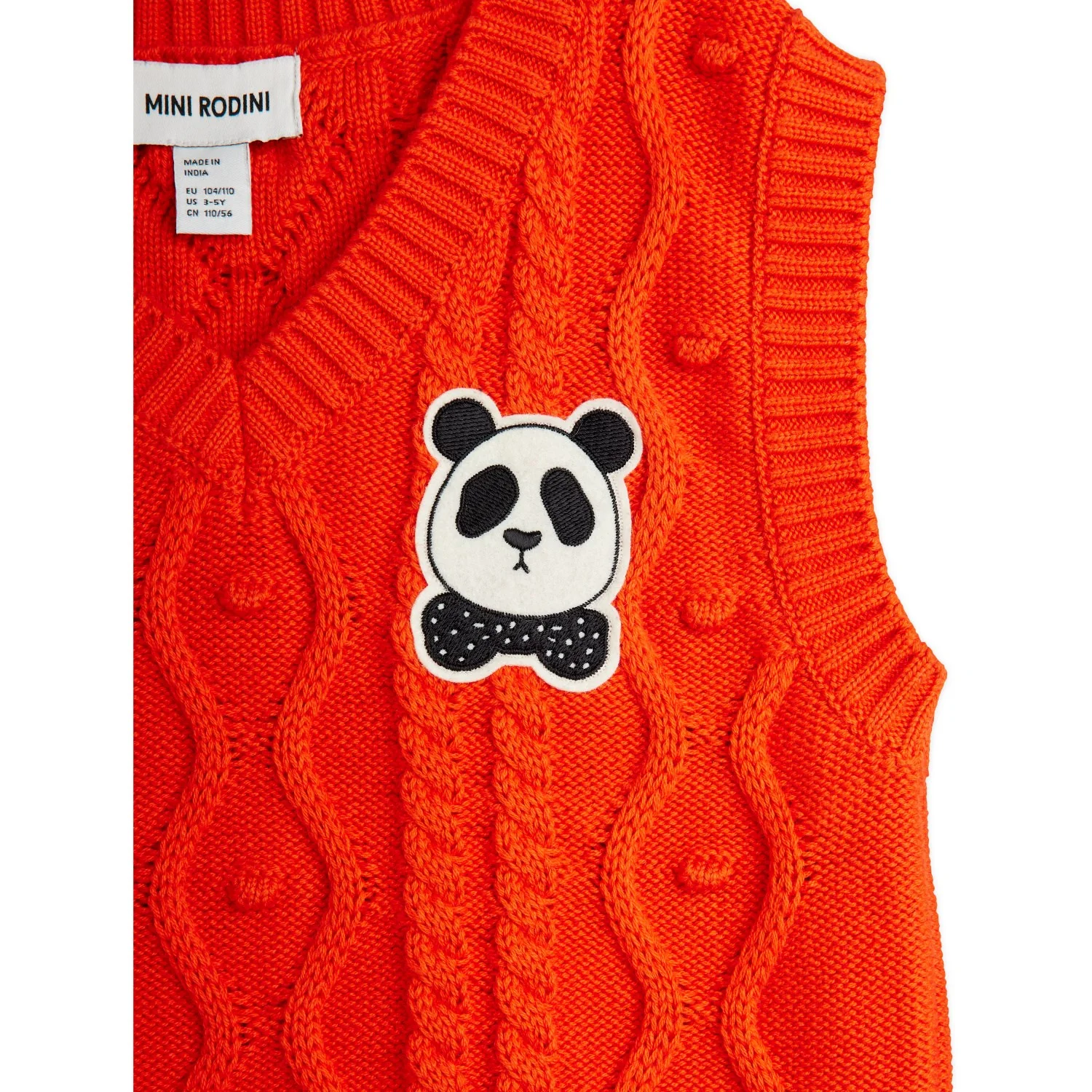 Mini Rodini Red Panda Patch Cable Knit V-Neck Slipover - Image 2