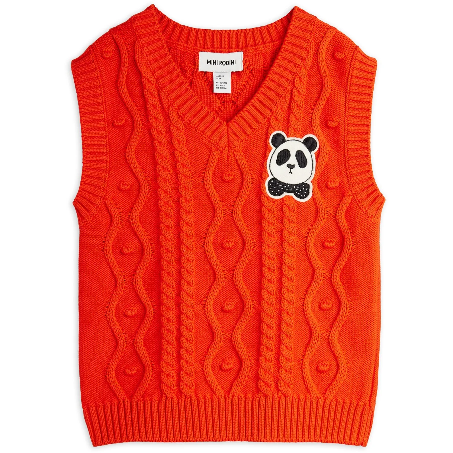 Mini Rodini Red Panda Patch Cable Knit V-Neck Slipover - Image 4