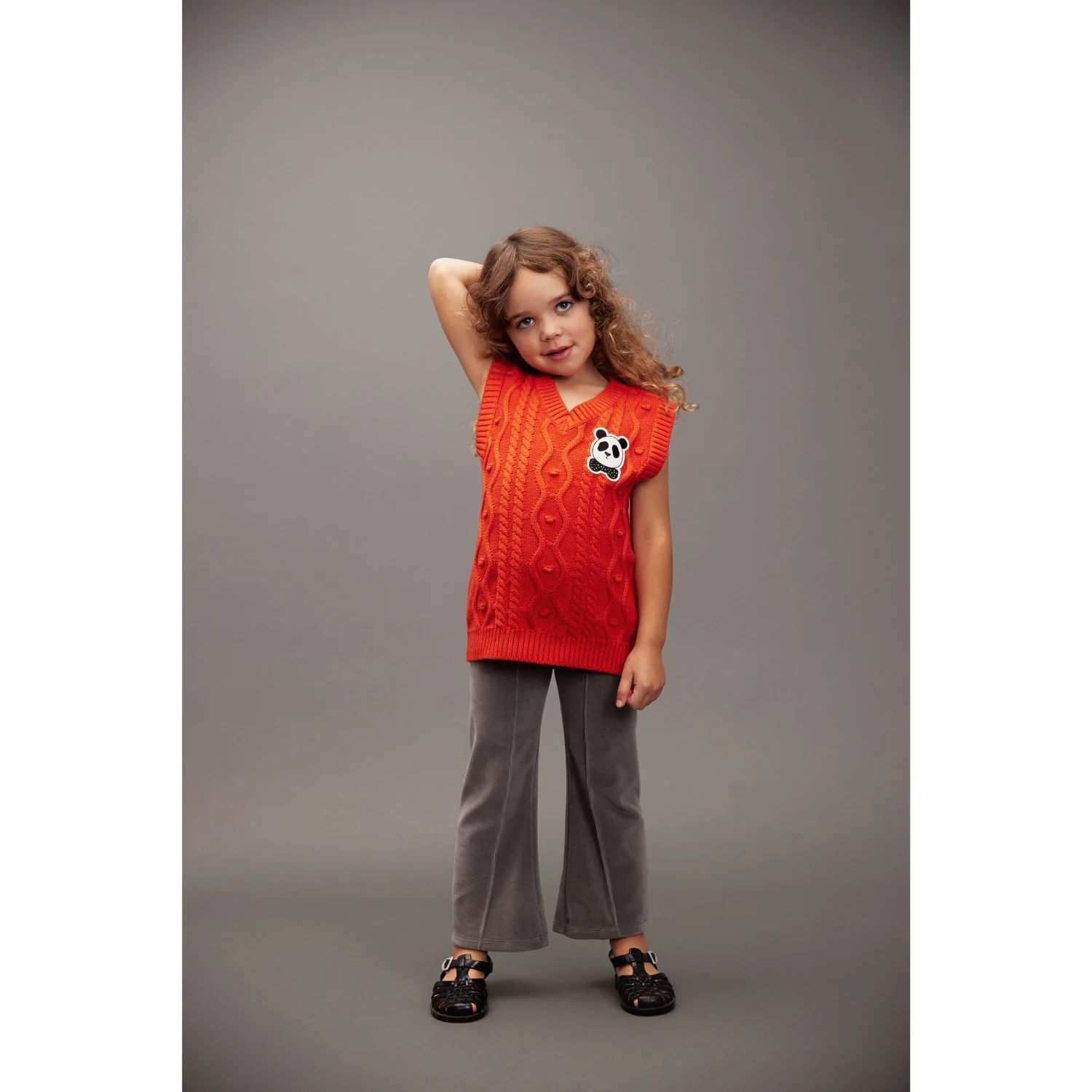 Mini Rodini Red Panda Patch Cable Knit V-Neck Slipover - Image 5