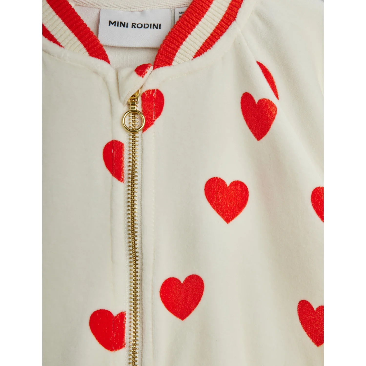 Mini Rodini White Hearts AOP Velour Baseball Cardigan - Image 2