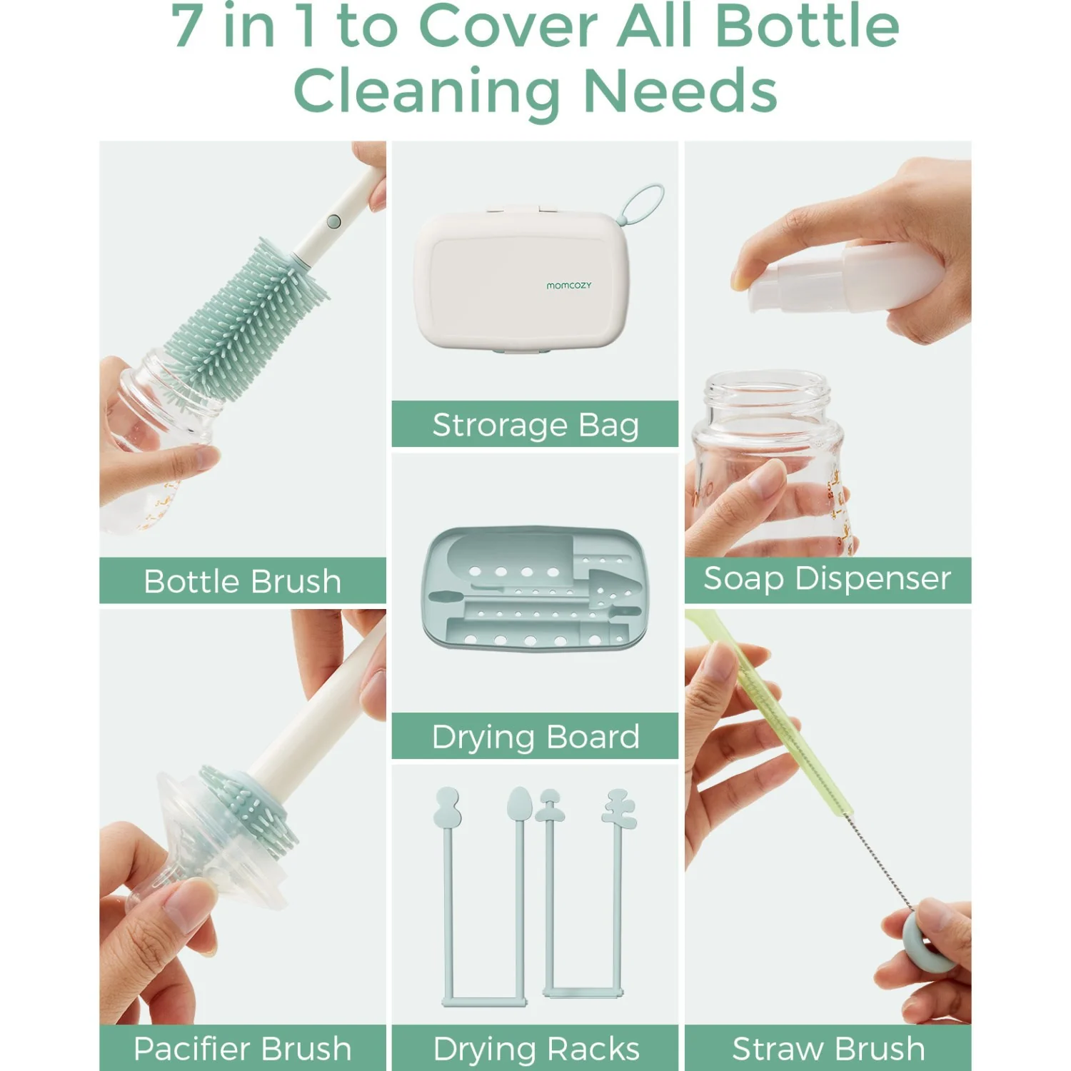 Momcozy Green 7 In 1 Baby Bottle Brush Set - Image 14