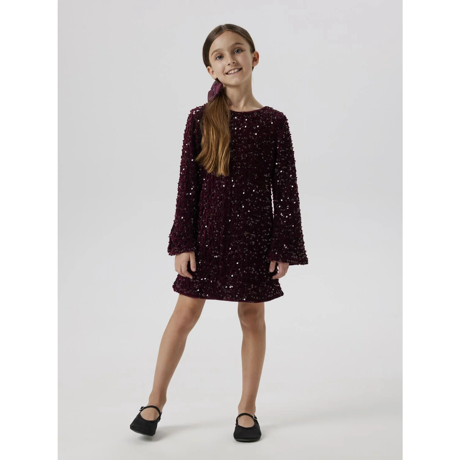 Name It Burgundy Black Bow Nkfrusitta Ls Dress - Image 2