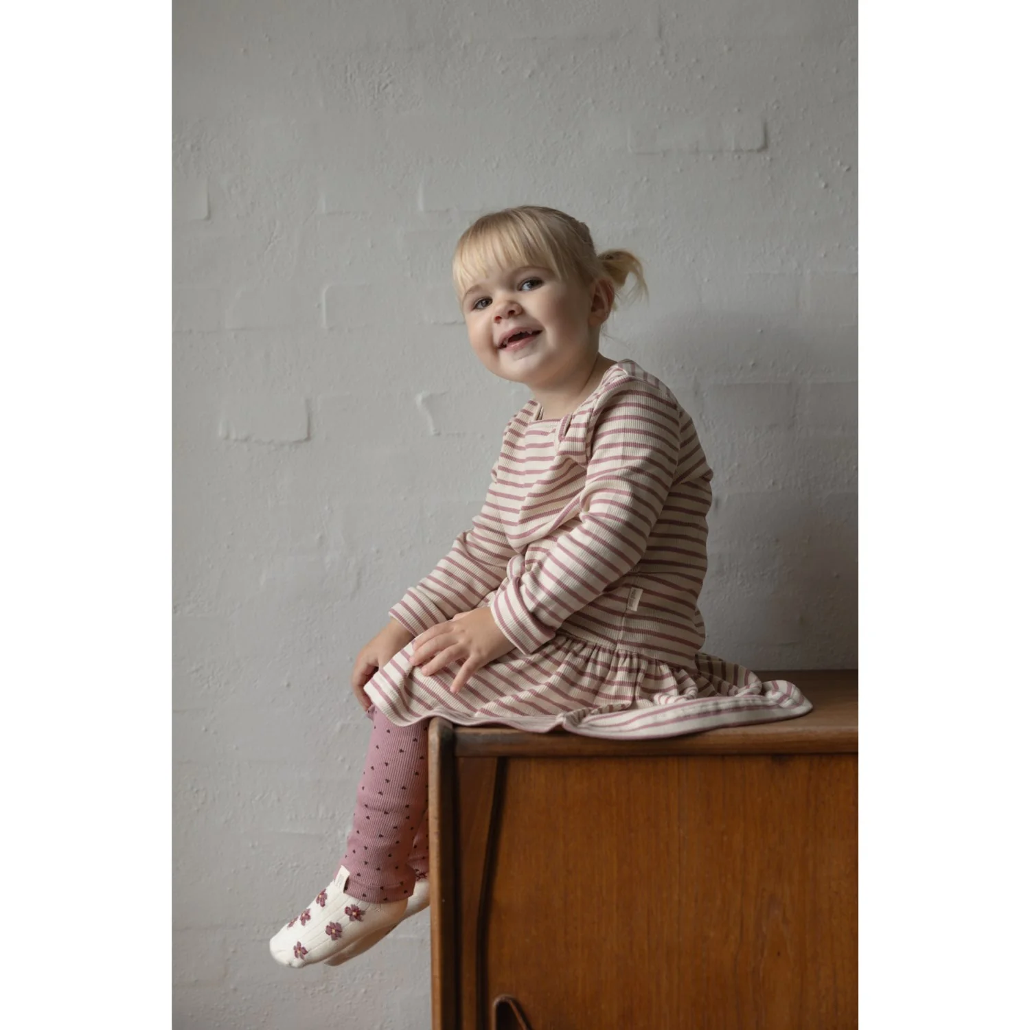 Petit Piao Nostalgic Rose/off White Dress L/S Modal Striped - Image 4