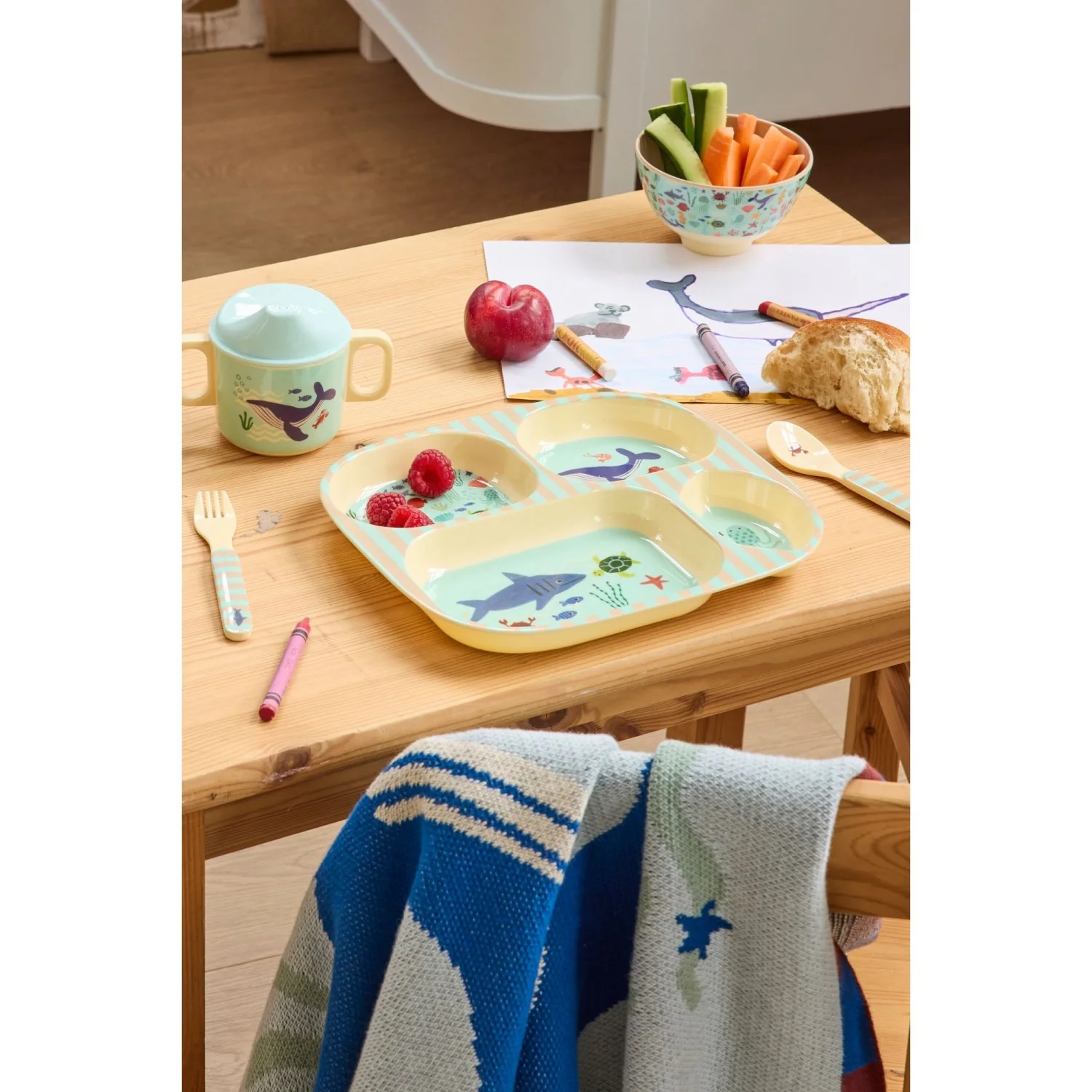 Rice Blue Ocean Print Melamine 2 Handle Baby Cup With Lid 250 Ml - Image 2