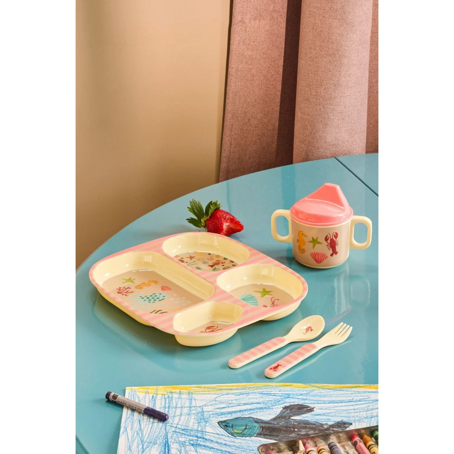 Rice Coral Ocean Print Melamine 2 Handle Baby Cup With Lid 250 Ml - Image 2