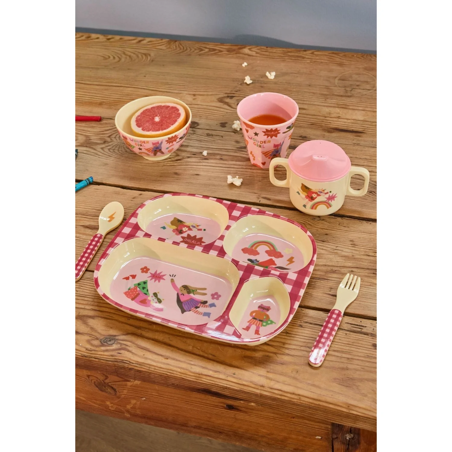 Rice Melamine Baby Dinner Set In Giftbox - Hero Print - Pink - 4 Pcs - Image 2