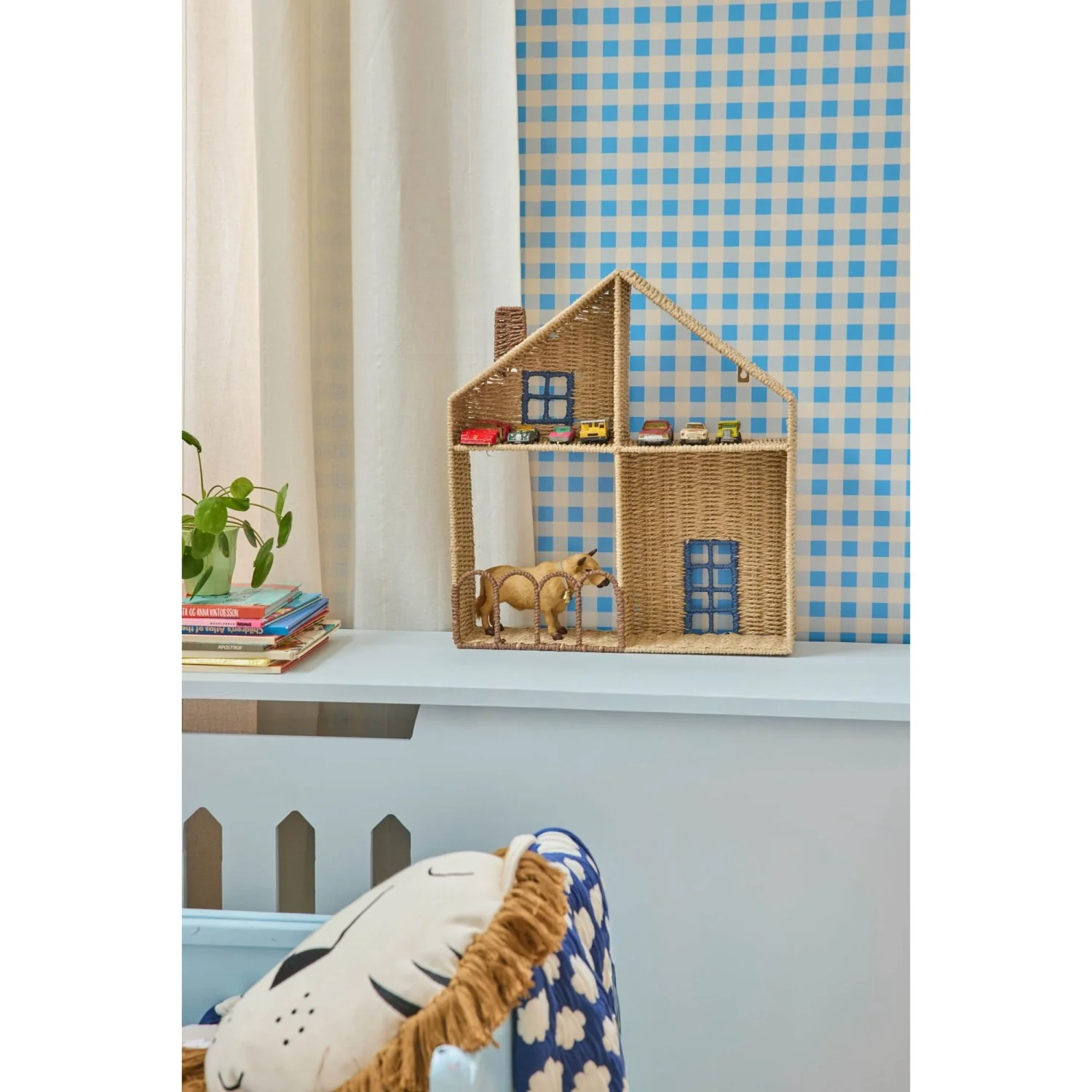 Rice Paper Rope Shelf In House Shape With Blue Details - Image 2