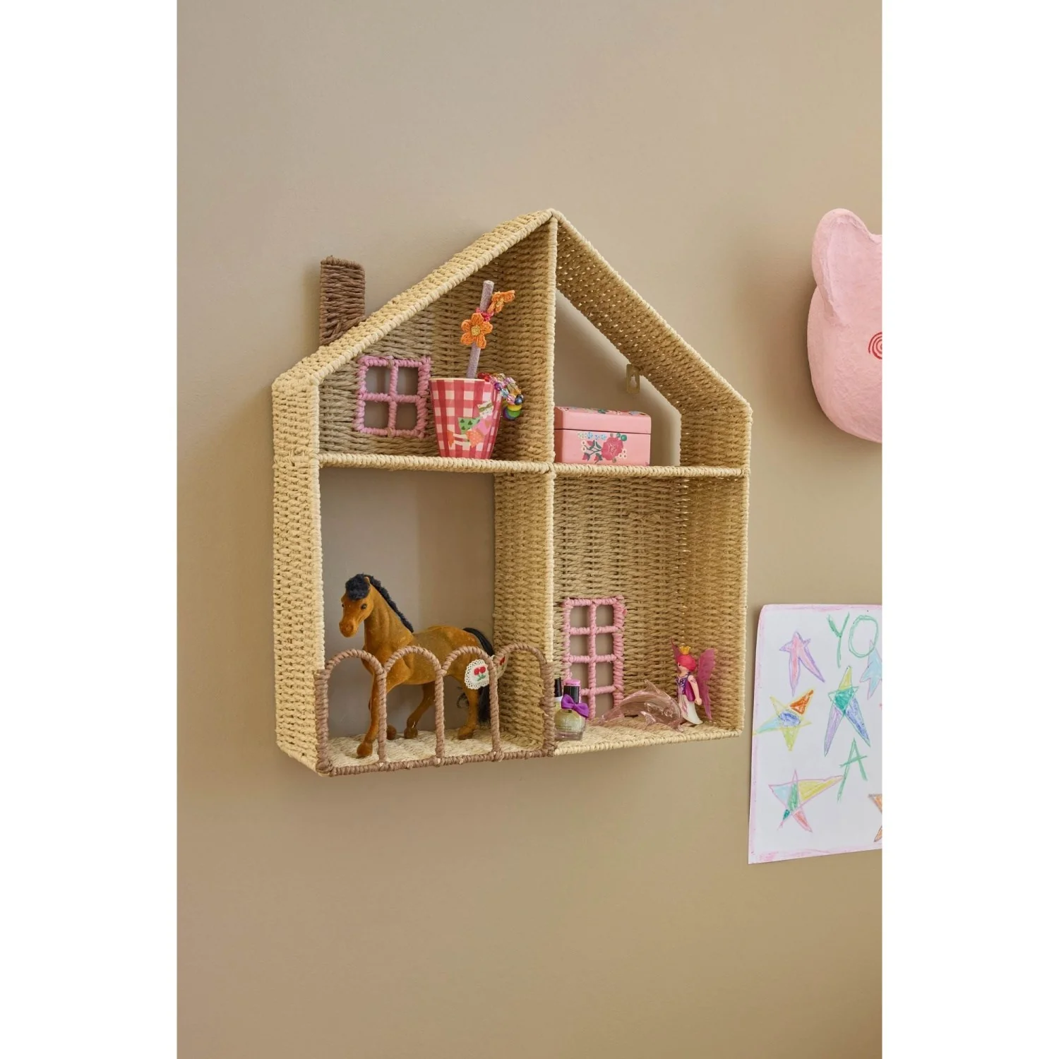 Rice Paper Rope Shelf In House Shape With Pink Details - Image 3