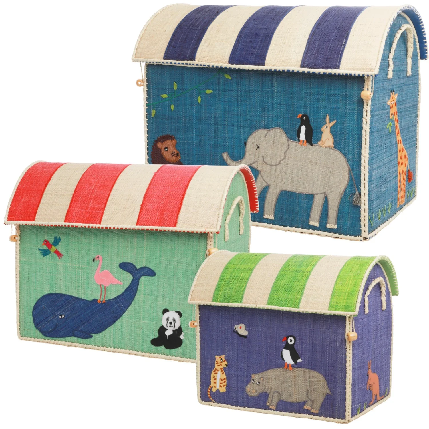 Rice Raffia Toy Baskets With Animal Theme - Set Of 3