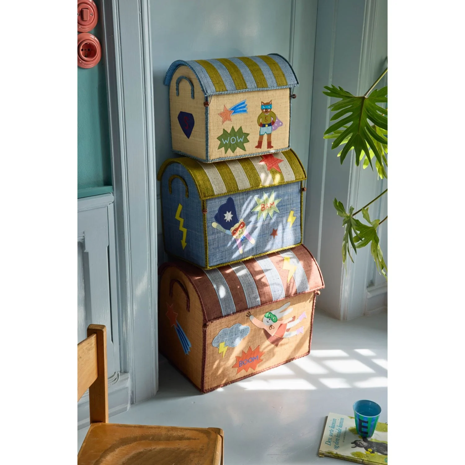Rice Raffia Toy Baskets With Hero Theme - Blue - Set Of 3 - Image 2