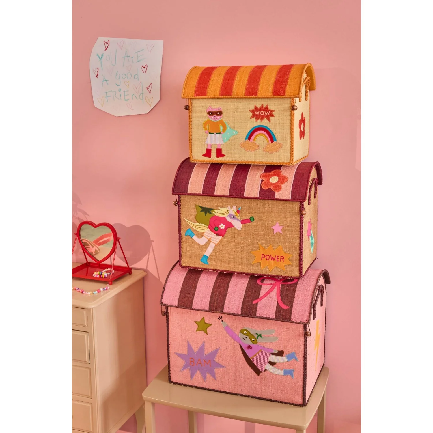 Rice Raffia Toy Baskets With Hero Theme - Pink - Set Of 3 - Image 2