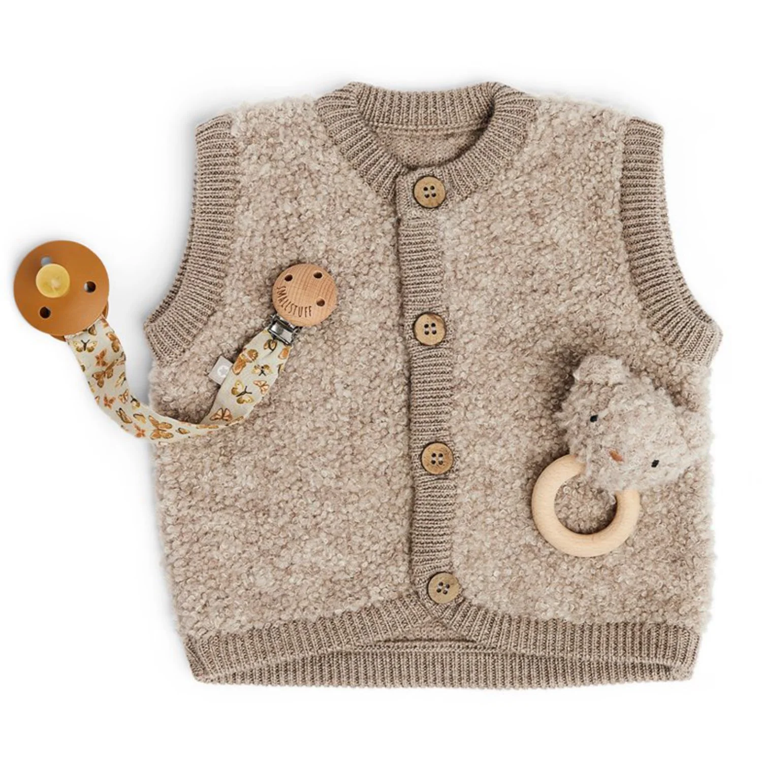 Smallstuff Natur Melange Vest With Buttons Bouclé Merino Wool - Image 2