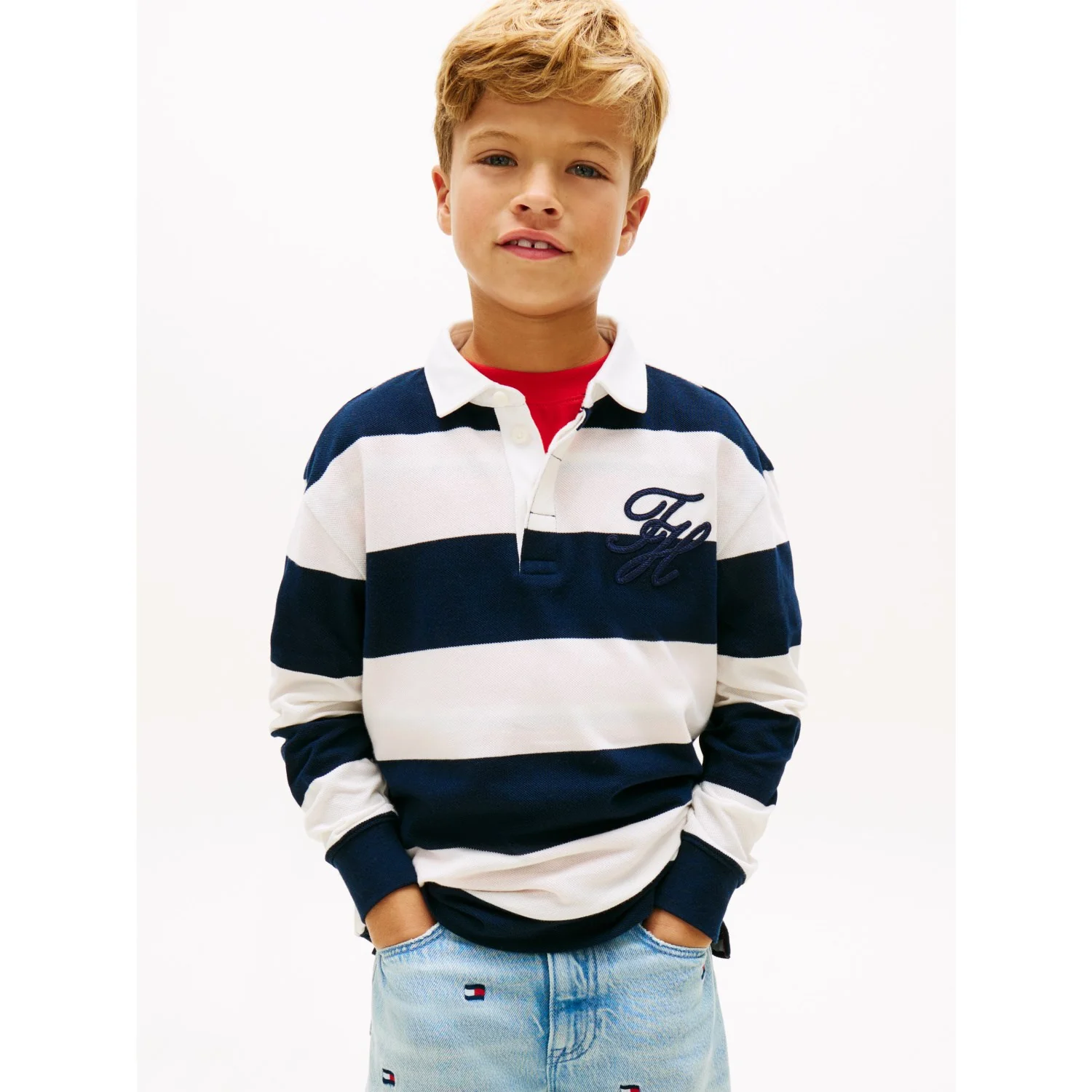 Tommy Hilfiger Dark Night Navy Stripe Th Script Graphic Rugby Polo Ls - Image 8
