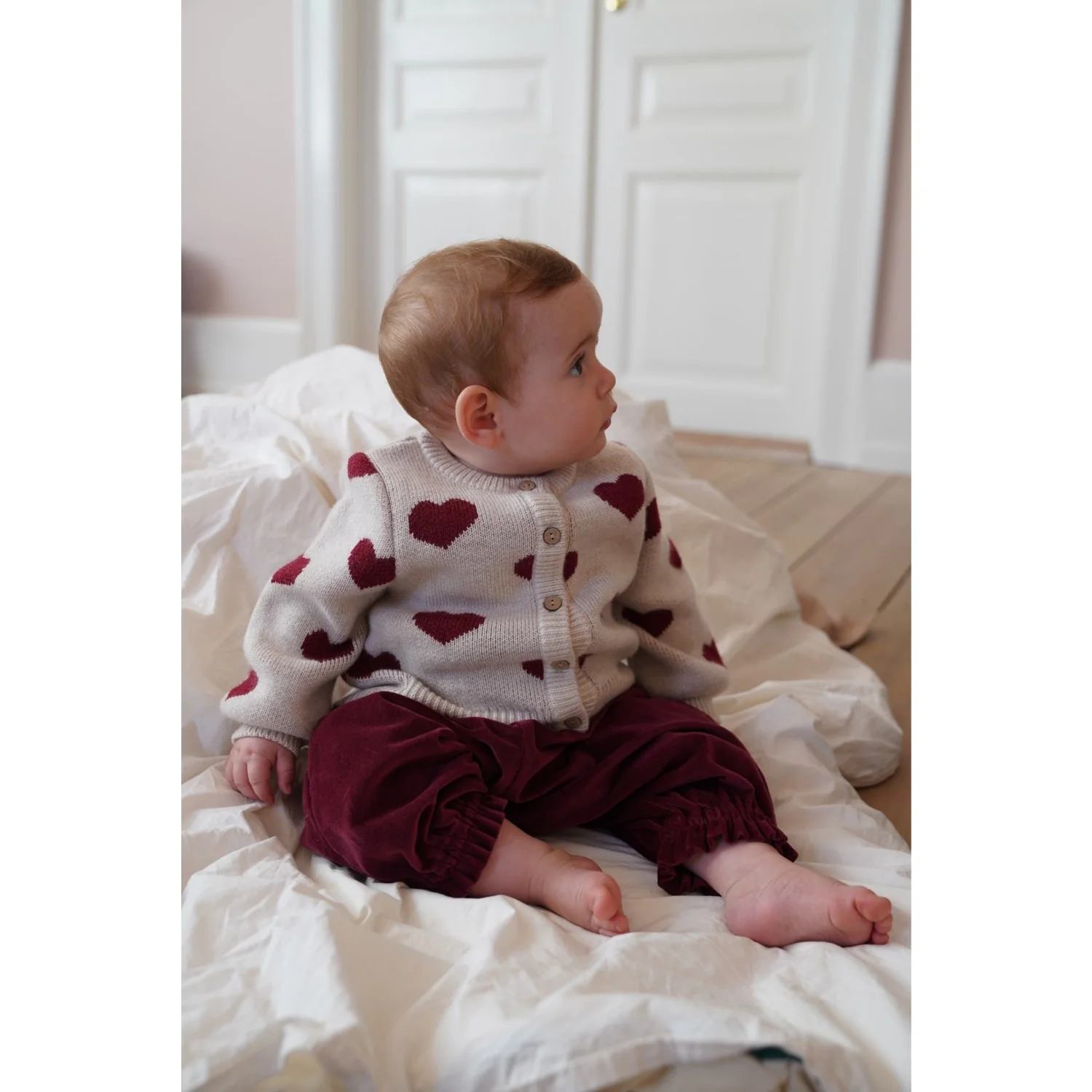 Wheat Offwhite Melange Jacquard Cardigan Hearts - Image 3