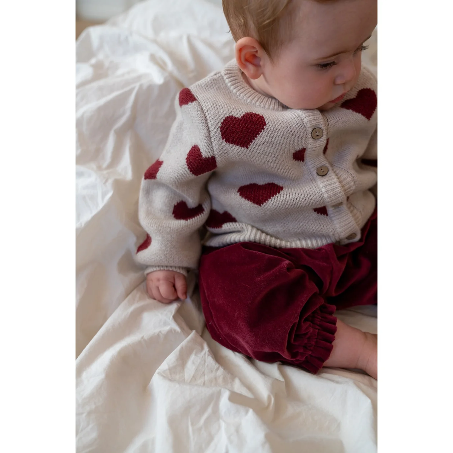 Wheat Offwhite Melange Jacquard Cardigan Hearts - Image 4
