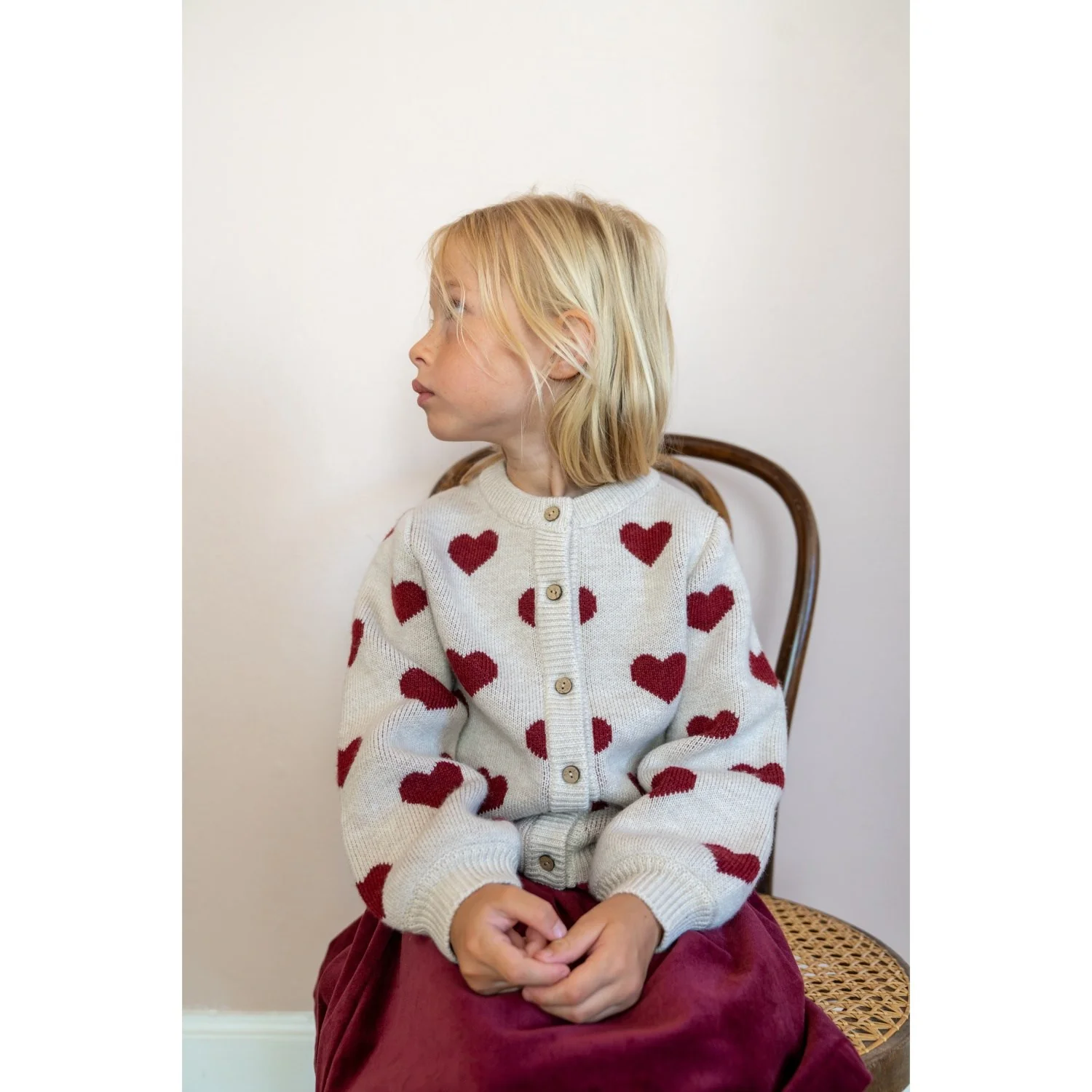 Wheat Offwhite Melange Jacquard Cardigan Hearts - Image 9