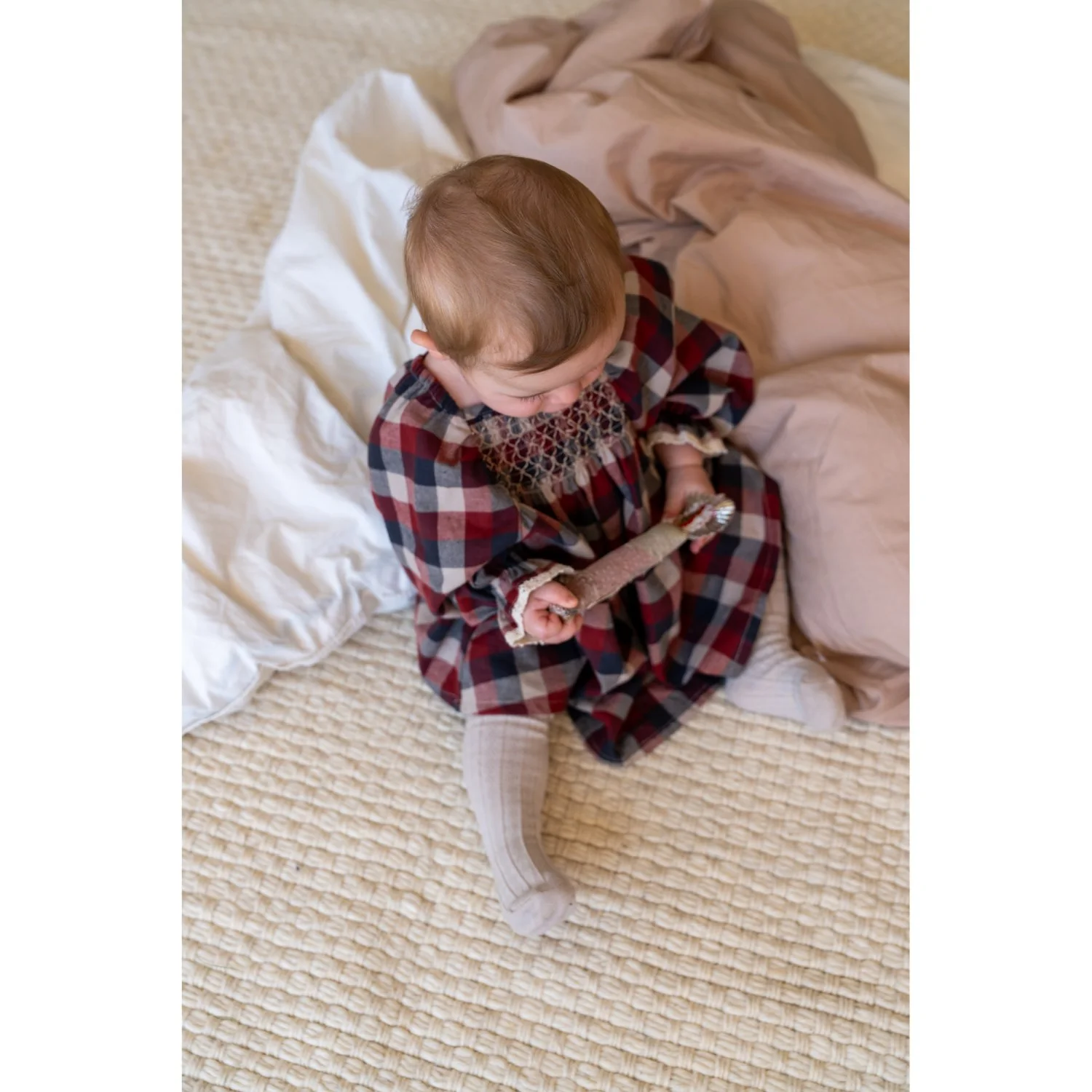Wheat Red Blue Check Dress L/S Lace Bella - Image 2
