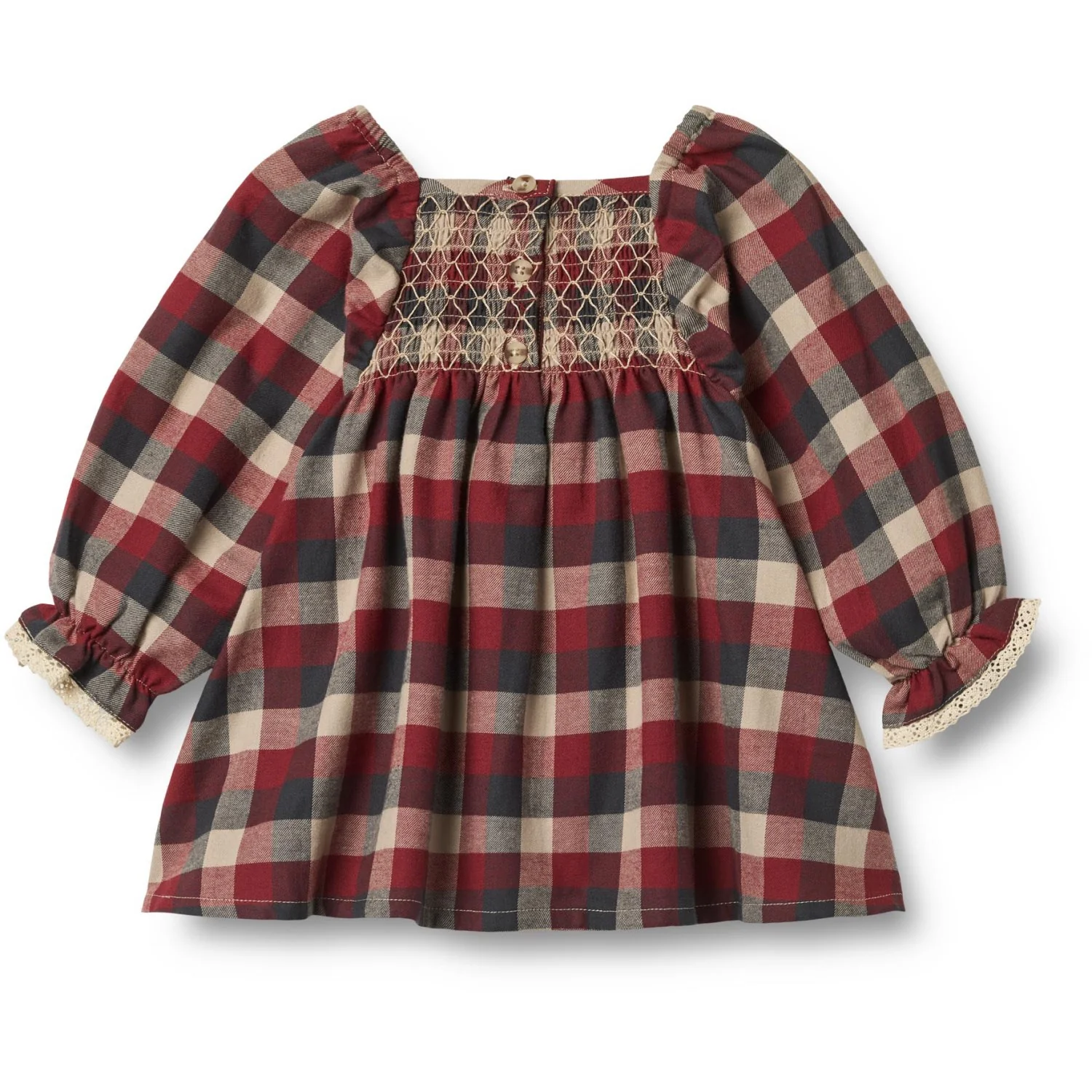 Wheat Red Blue Check Dress L/S Lace Bella - Image 6