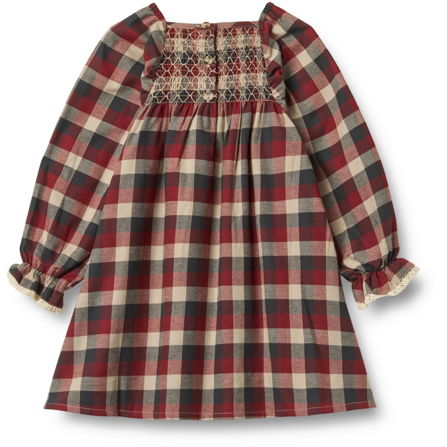 Wheat Red Blue Check Dress L/S Lace Bella - Image 3